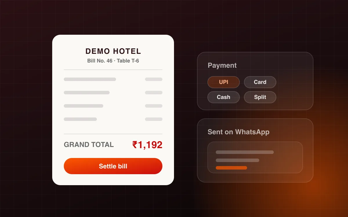 Point-of-sale bill with payment options and a WhatsApp receipt